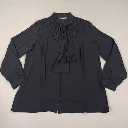 MARTHA STEWART Woven Front Button Blouse Top Tie Neck Women's Sz M Black (New)