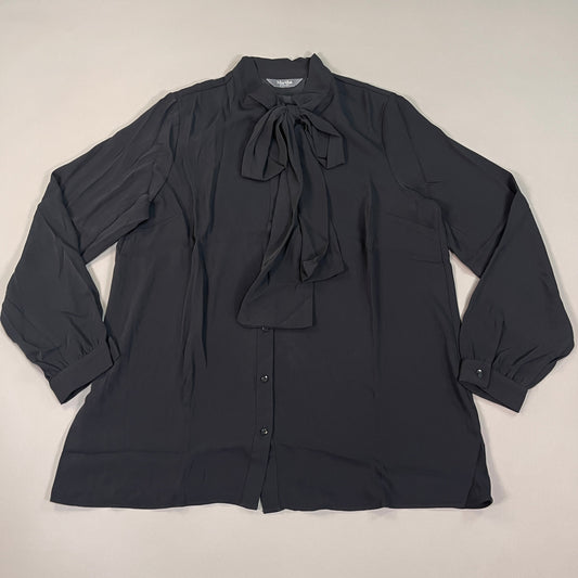 MARTHA STEWART Woven Front Button Blouse Top Tie Neck Women's Sz M Black (New)