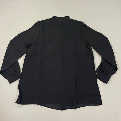MARTHA STEWART Woven Front Button Blouse Top Tie Neck Women's Sz M Black (New)