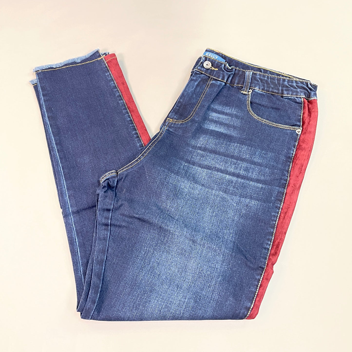 CLINTON KELLY Frayed Hem Jeans Women's Sz 16 Regular Dark Wash W/ Maroon Striped Side (New)