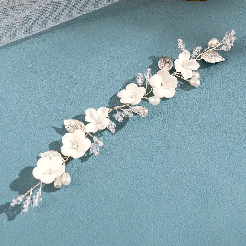 Adria - Ivory Ceramic Flowers Bridal Short Hair Vine
