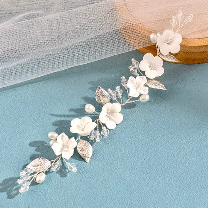 Adria - Ivory Ceramic Flowers Bridal Short Hair Vine