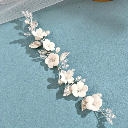 Adria - Ivory Ceramic Flowers Bridal Short Hair Vine