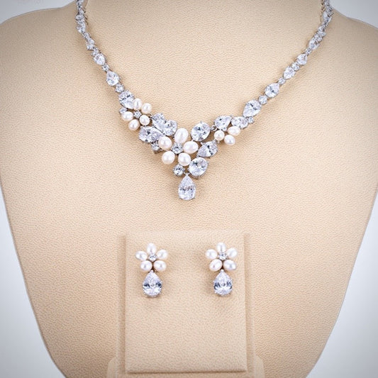 Eloise - Freshwater Pearl and Cubic Zirconia Bridal Jewelry Set - Available in Silver and Rose Gold