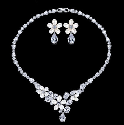 Eloise - Freshwater Pearl and Cubic Zirconia Bridal Jewelry Set - Available in Silver and Rose Gold