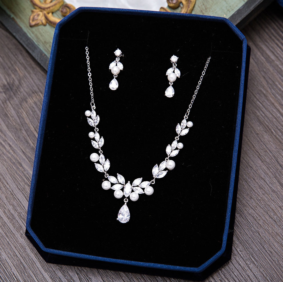 Irene - Silver Cubic Zirconia and Pearl Bridal Jewelry Set
