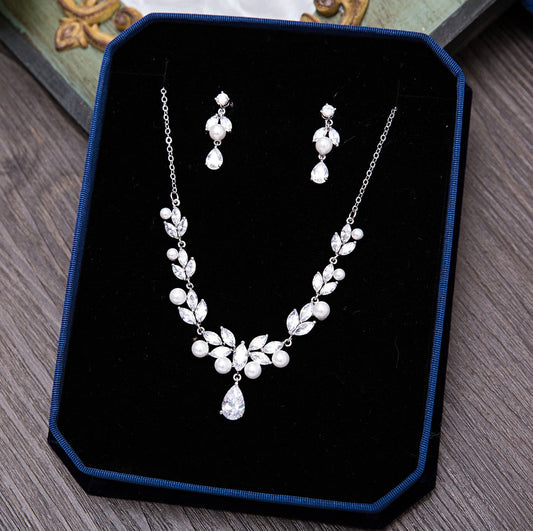 Irene - Silver Cubic Zirconia and Pearl Bridal Jewelry Set