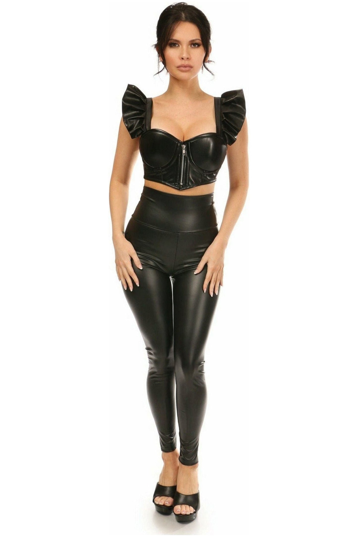 Lavish Black Faux Leather Underwire Bustier Top w/Removable Ruffle Sleeves