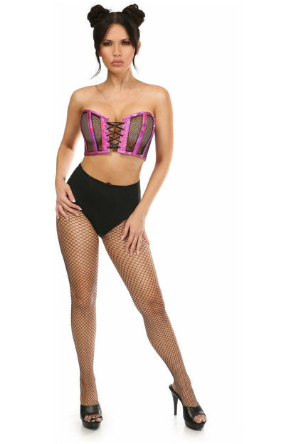 Lavish Fuchsia Holo & Fishnet Lace-Up Short Bustier Top