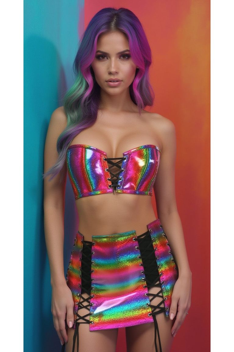 Lavish 2 PC Rainbow Glitter Bustier & Skirt Set