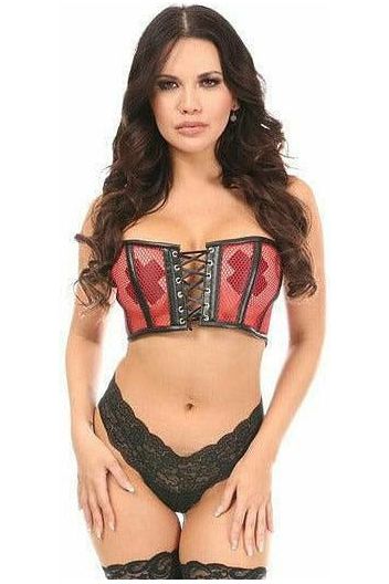 Lavish Red Fishnet & Faux Leather Lace-Up Short Bustier Top