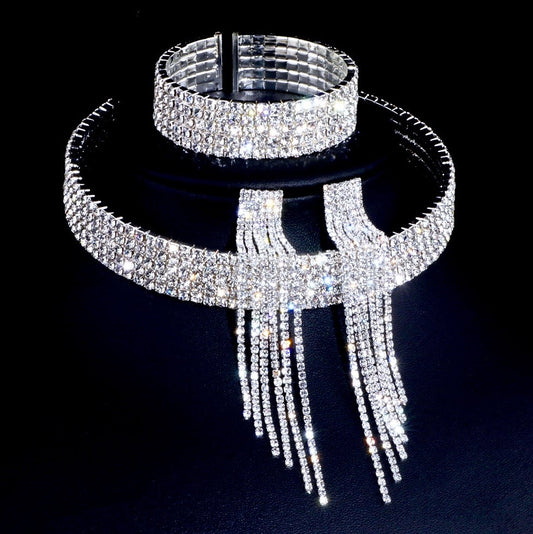 Melissa - Silver Rhinestone Three-Piece Bridal Jewelry Set