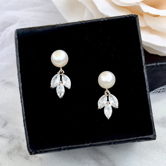 Maitlyn - Minimalist Pearl and Cubic Zirconia Bridal Earrings
