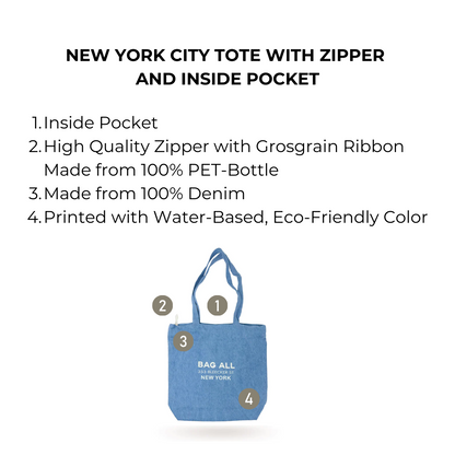New York City Tote with Zipper and Inside Pocket, Denim