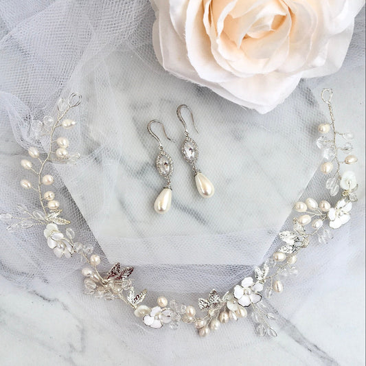 Andiana - Freshwater Pearl Bridal Headband and Earrings Set - Available in Silver and Yellow Gold