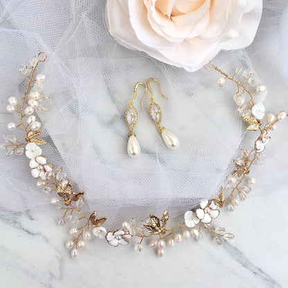 Andiana - Freshwater Pearl and Crystal Bridal Headband / Vine - Available in Silver and Yellow Gold