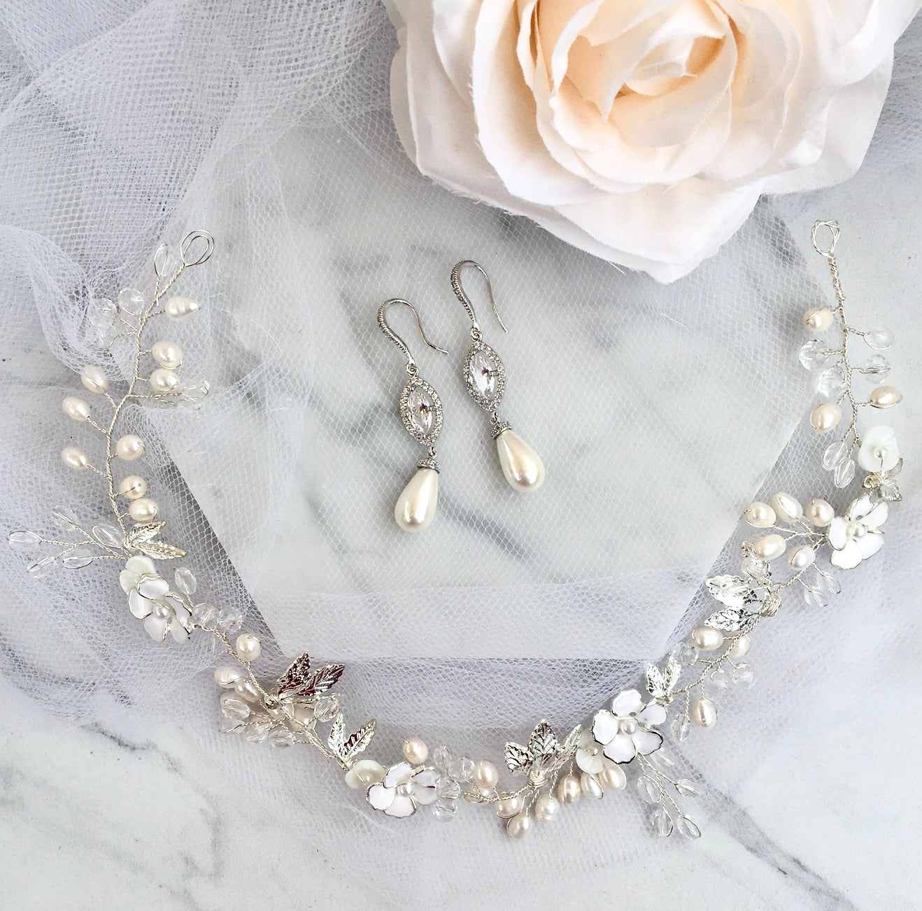Andiana - Freshwater Pearl and Crystal Bridal Headband / Vine - Available in Silver and Yellow Gold