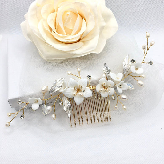 Loren - Ceramic Flowers Bridal Hair Comb - Available in Gold and Silver