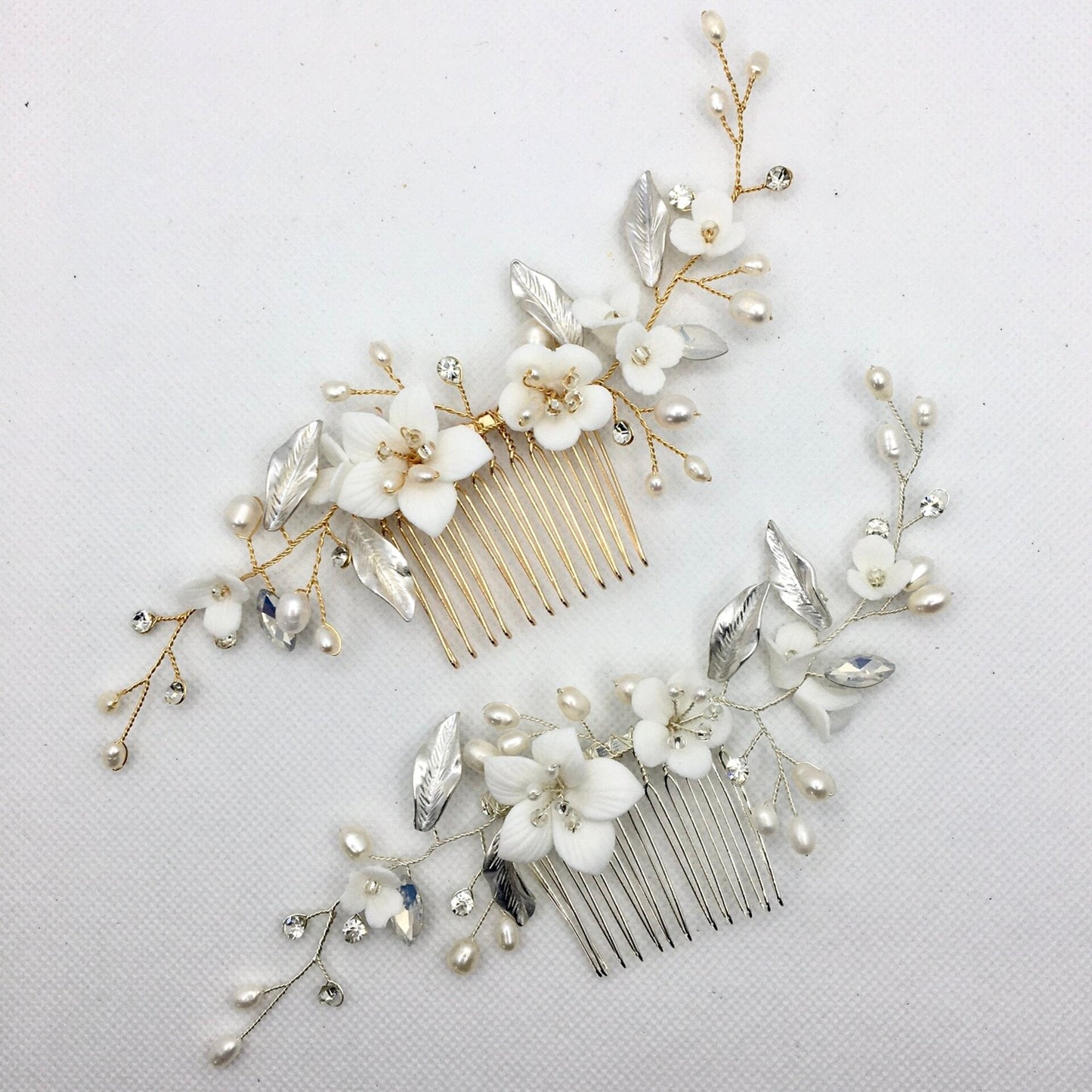 Loren - Ceramic Flowers Bridal Hair Comb - Available in Gold and Silver
