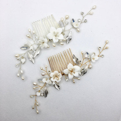 Loren - Ceramic Flowers Bridal Hair Comb - Available in Gold and Silver