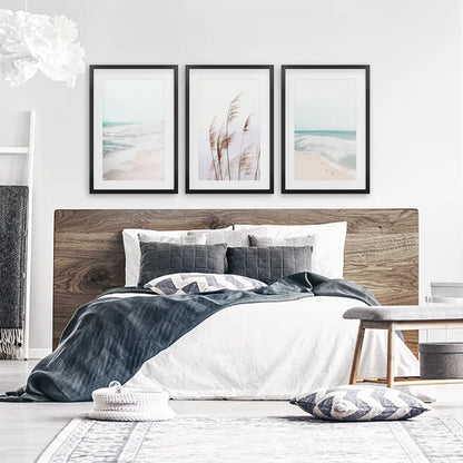 Coastal Boho Wall Art. Beach Pampas Grass, Blue Ocean Waves