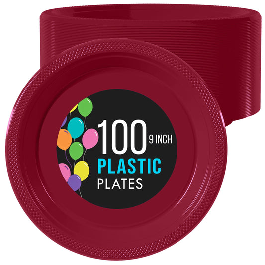 9 In. Burgundy Plastic Plates | 100 Count