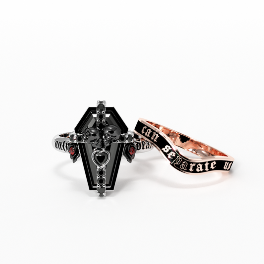 Only Death Can Separate Us Coffin Cut Diamond Wedding Rings