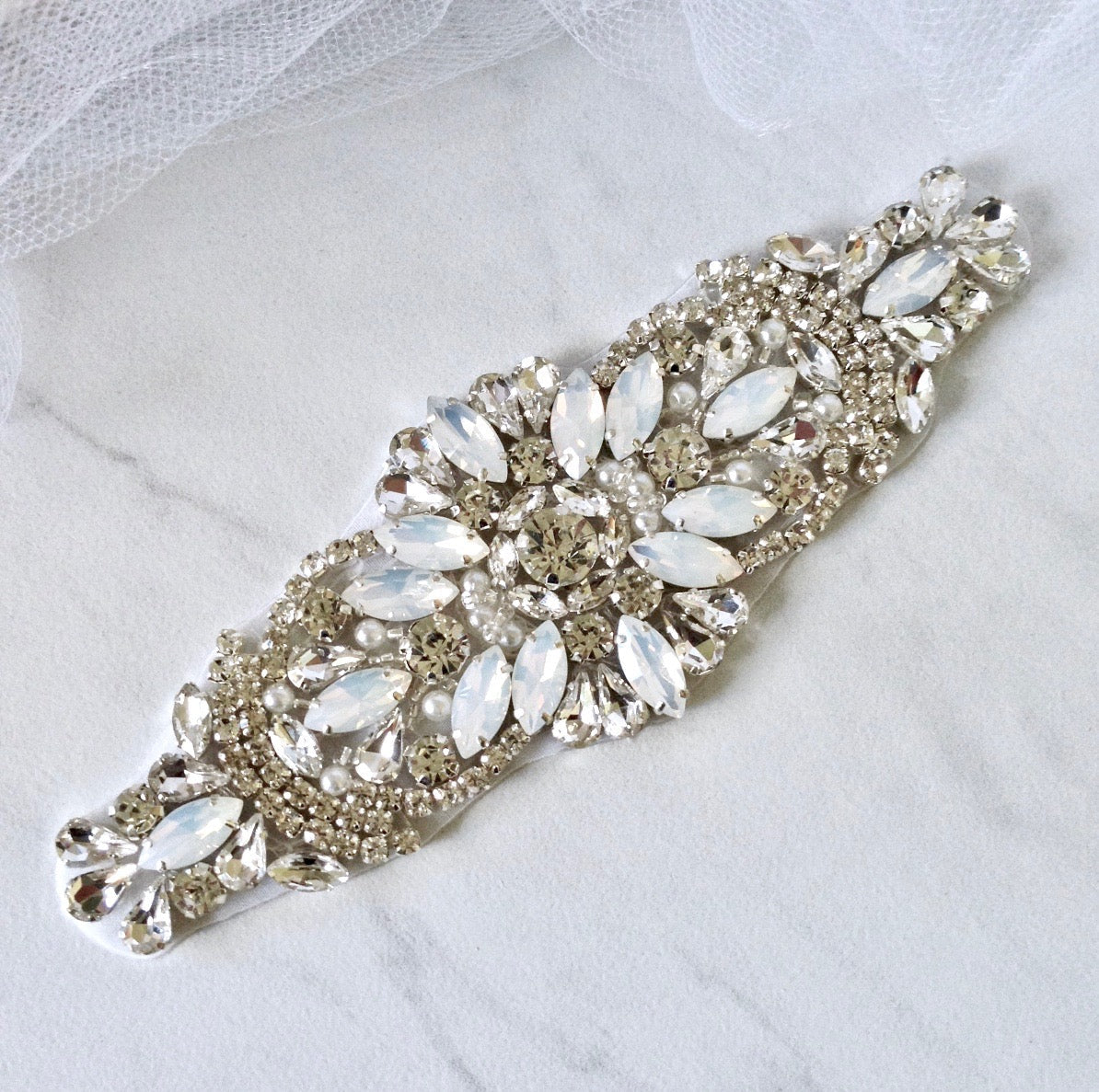 Tamryn - Swarovski Opal and Pearl Bridal Belt/Sash