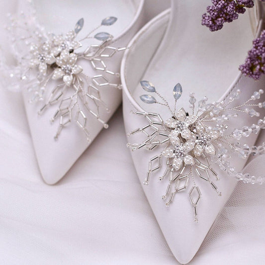 Wedding Accessories - Opal and Pearl Silver Bridal Shoe Clips
