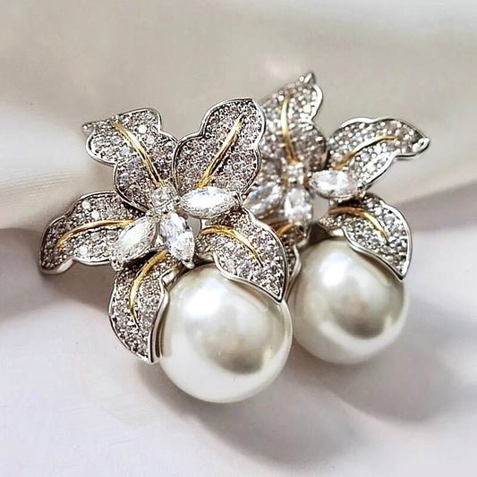 Orchid - Two-Tone Pearl and Cubic Zirconia Bridal Earrings
