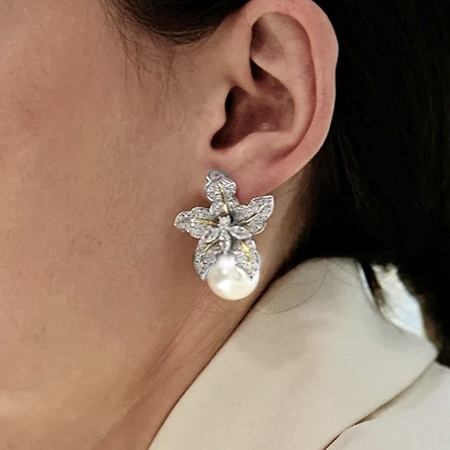 Orchid - Two-Tone Pearl and Cubic Zirconia Bridal Earrings