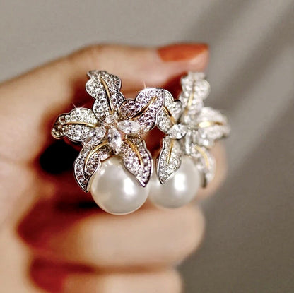 Orchid - Two-Tone Pearl and Cubic Zirconia Bridal Earrings