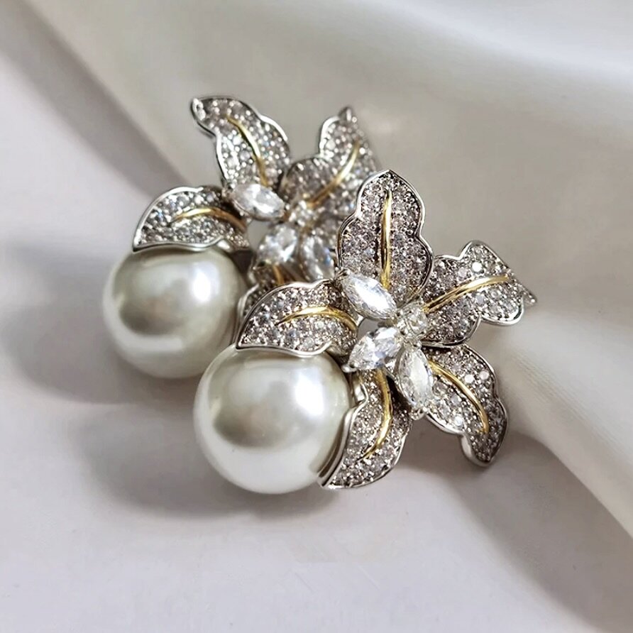 Orchid - Two-Tone Pearl and Cubic Zirconia Bridal Earrings