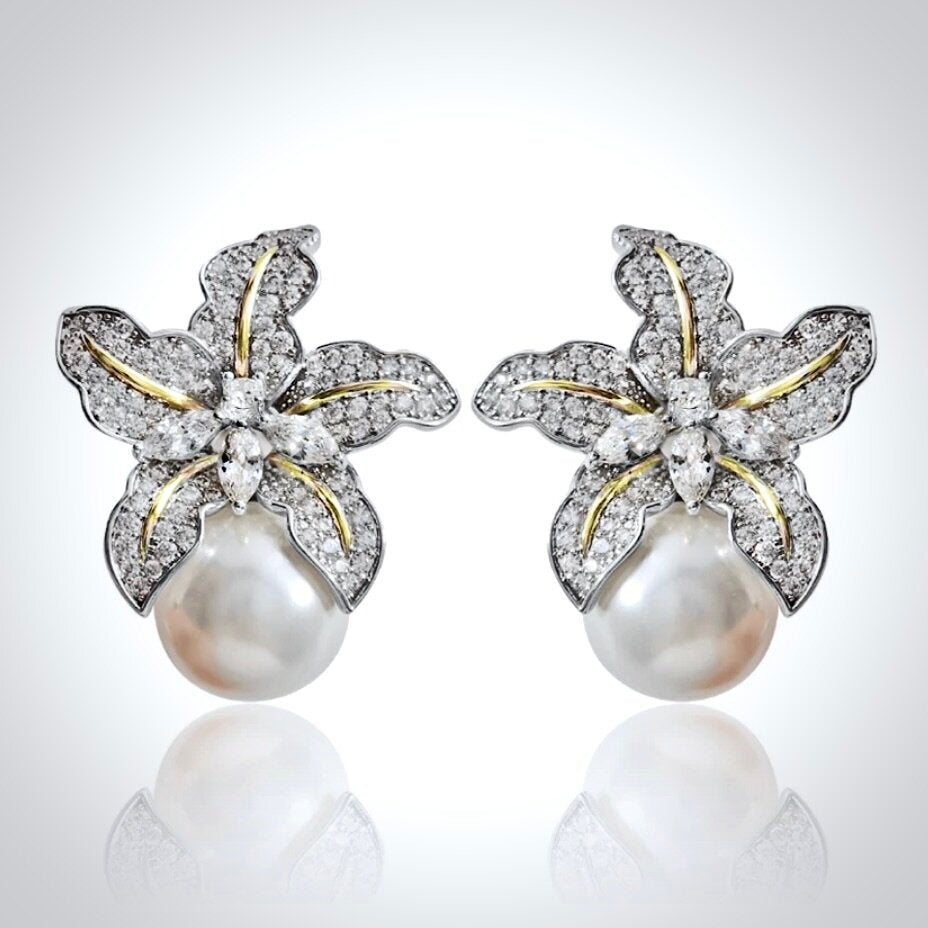 Orchid - Two-Tone Pearl and Cubic Zirconia Bridal Earrings