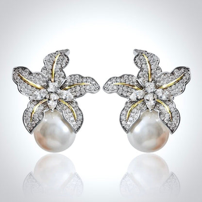 Orchid - Two-Tone Pearl and Cubic Zirconia Bridal Earrings