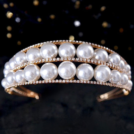 Barcelona - Oversized Double Pearl Bridal Headband / Tiara - Available in Silver and Gold