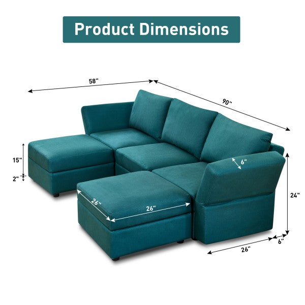 Ainfox U Shaped 3 Seats +2 Ottomans Modular Sectional Sofa Couch With Storage