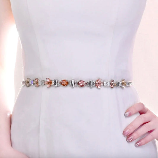 Meira - Peach Crystal Bridal Belt/Sash