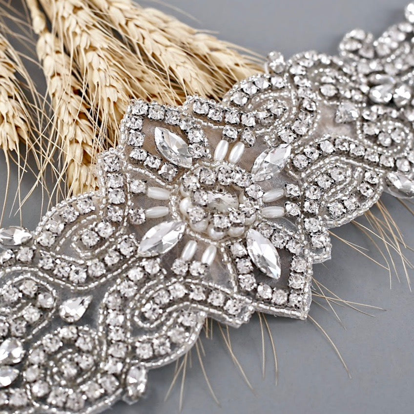 Linda - Wedding Silver Crystal and Pearls Belt/Sash