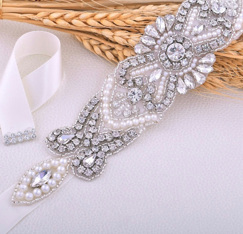 Crystal - Wedding Silver Pearls Belt/Sash