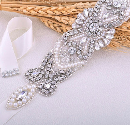 Crystal - Wedding Silver Pearls Belt/Sash