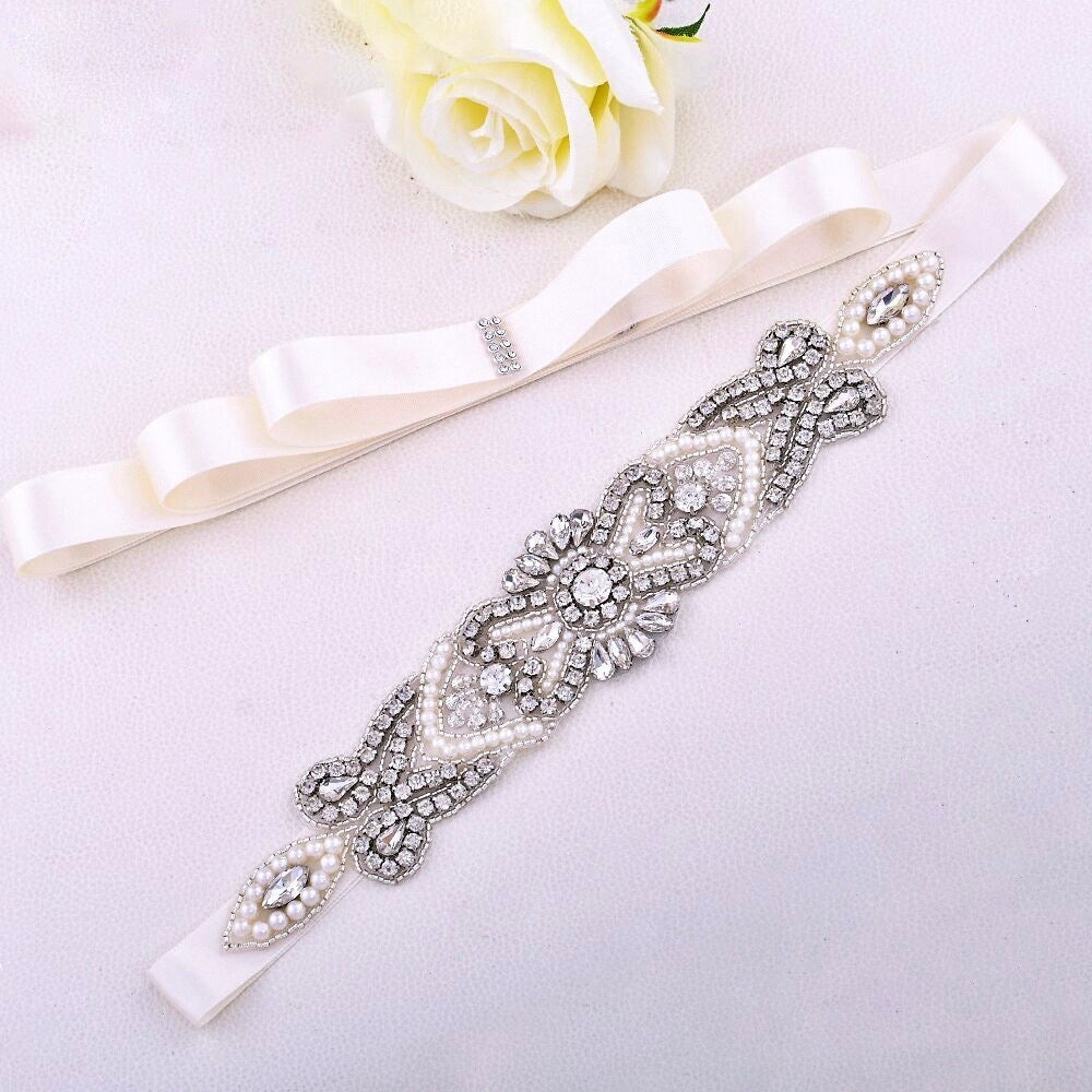 Crystal - Wedding Silver Pearls Belt/Sash