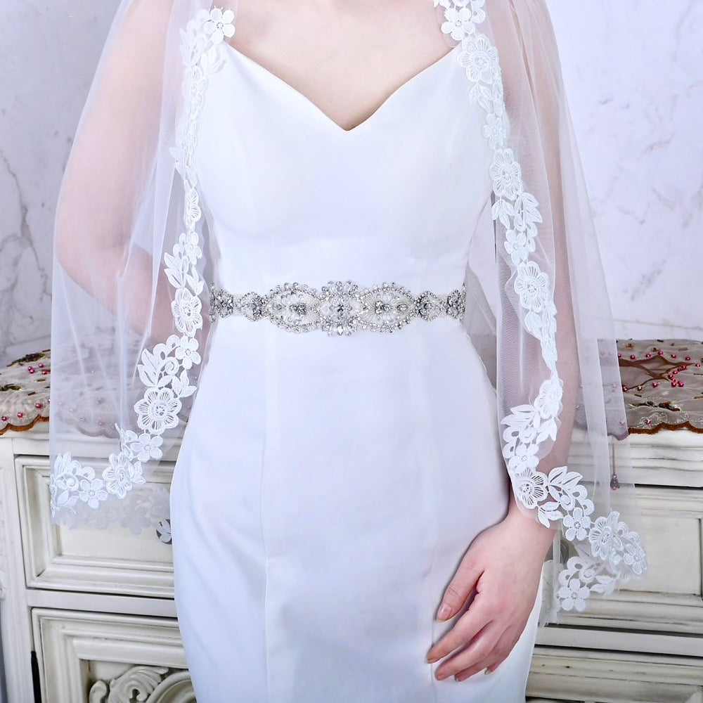 Darcy - Silver Crystal and Pearl Bridal Belt/Sash