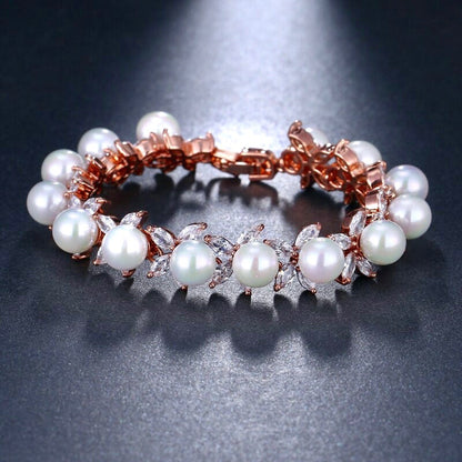 Farrah - Pearl and Cubic Zirconia Bridal Bracelet - Available in Silver, Rose Gold and Yellow Gold