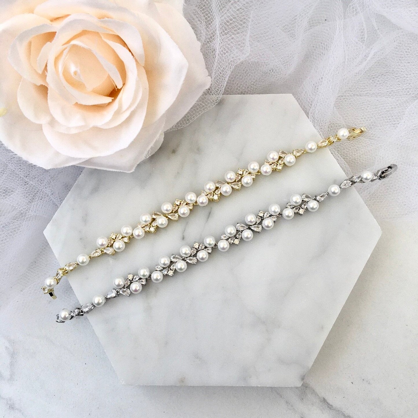 Inga - Pearl and Cubic Zirconia Bridal Bracelet - Available in Gold and Silver