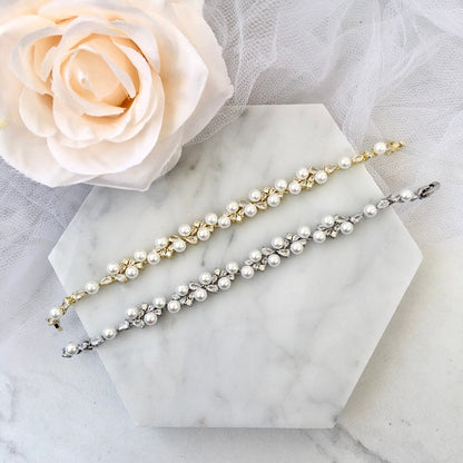 Inga - Pearl and Cubic Zirconia Bridal Bracelet - Available in Gold and Silver