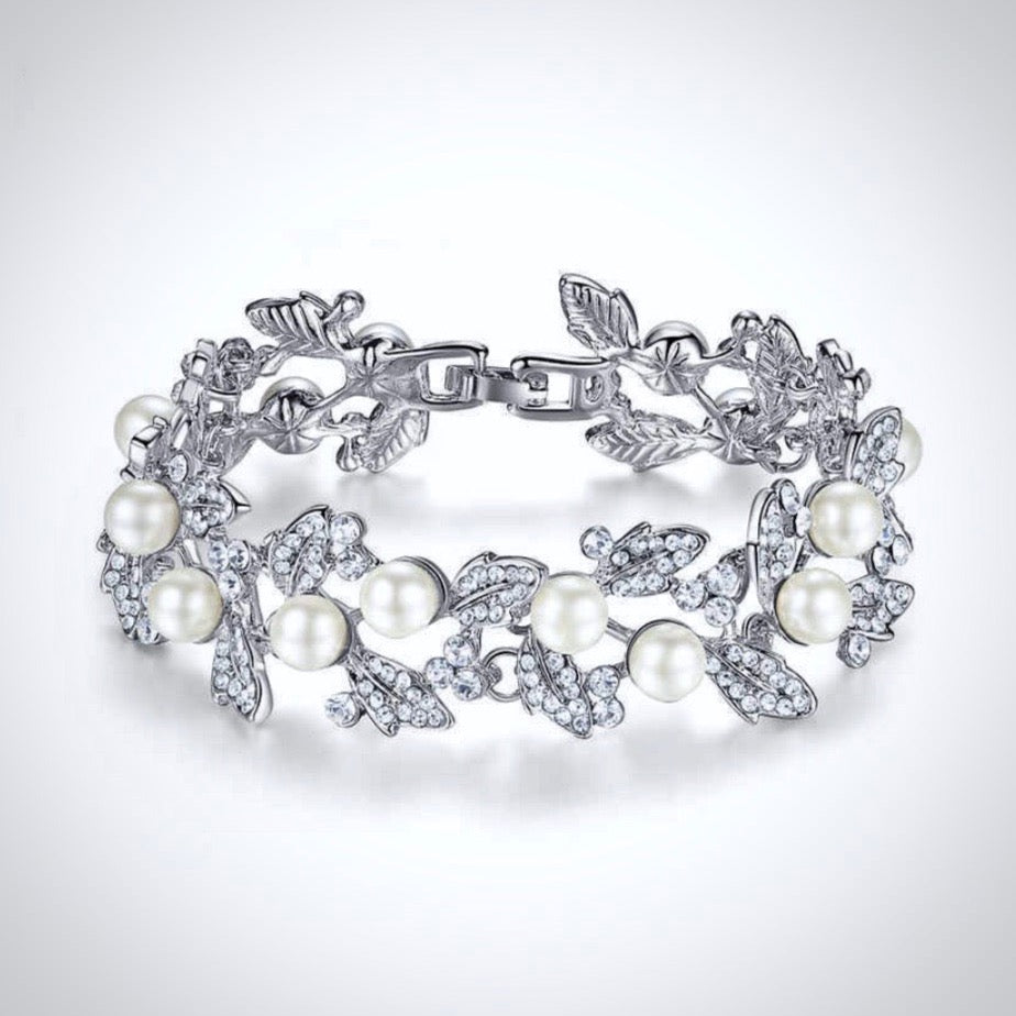 Sidra - Pearl and Rhinestone Bridal Bracelet - Available in Silver and Gold