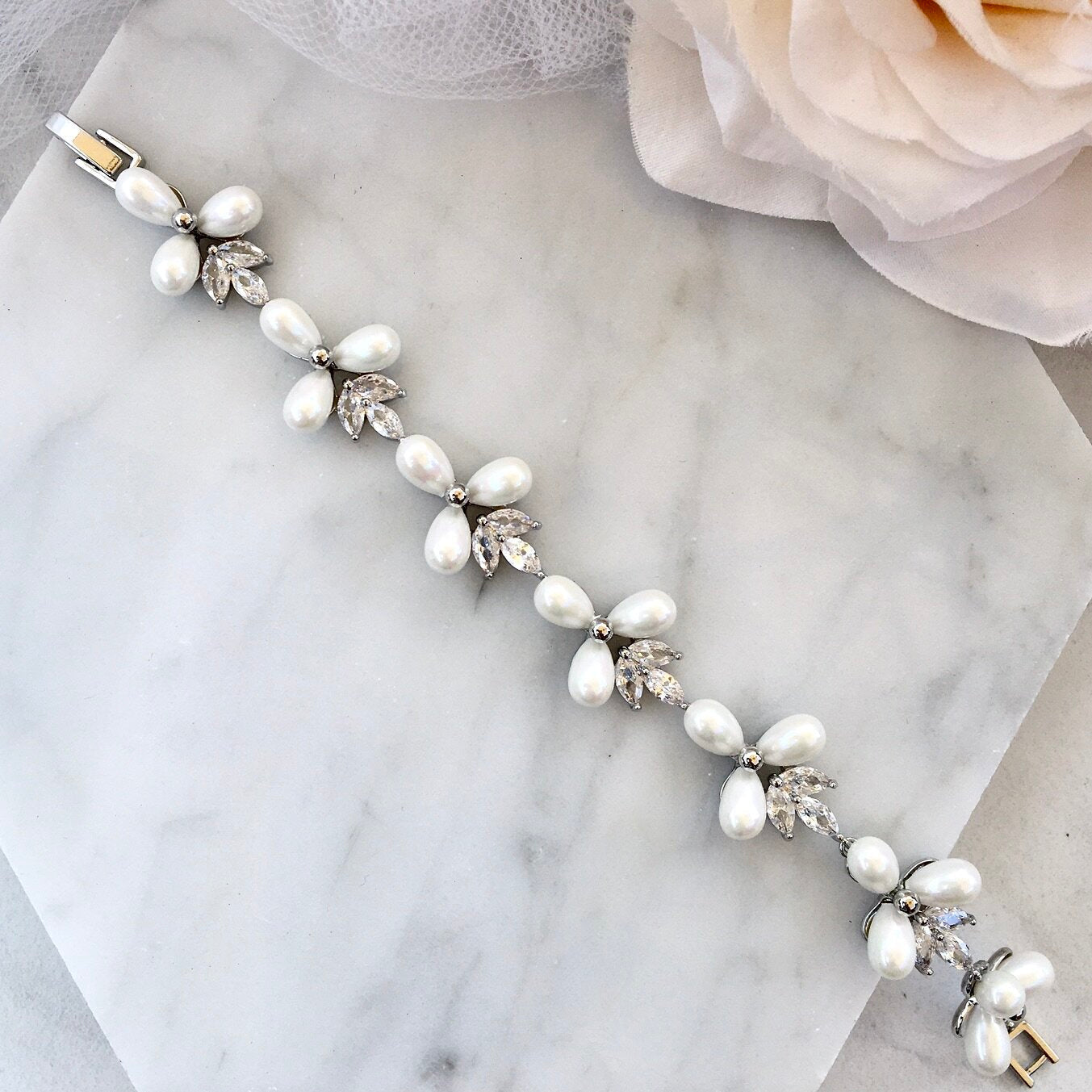Adonna - Pearl and Cubic Zirconia Bridal Bracelet - Available in Silver and Gold