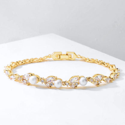 Senna - Pearl and Cubic Zirconia Bridal Bracelet - Available in Silver, Rose Gold and Yellow Gold