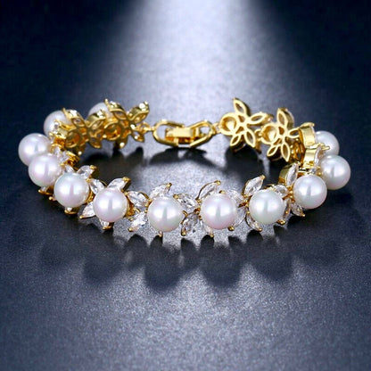 Farrah - Pearl and Cubic Zirconia Bridal Bracelet - Available in Silver, Rose Gold and Yellow Gold